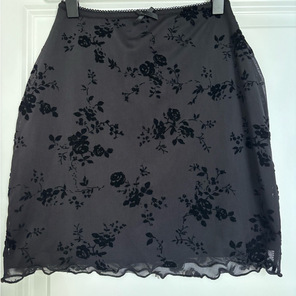 Black Floral Mini Skirt with Velvet Details